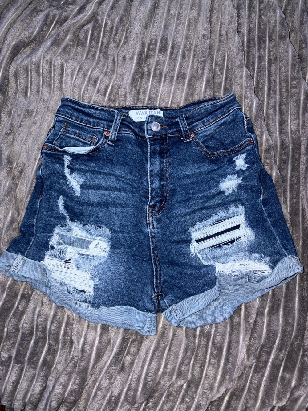 Wax Jean Dark Blue Distressed Rolled-Hem Denim Shorts